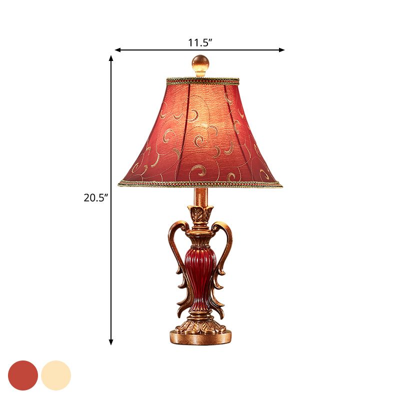 1-Light Desk Light Antique Style Bell Shade Fabric Night Table Lamp in Red/White for Bedside