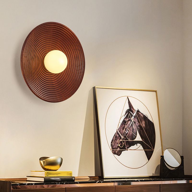 Round Shape Wood Wall Mount Light Modern Style 1-Light Wall Light Sconce