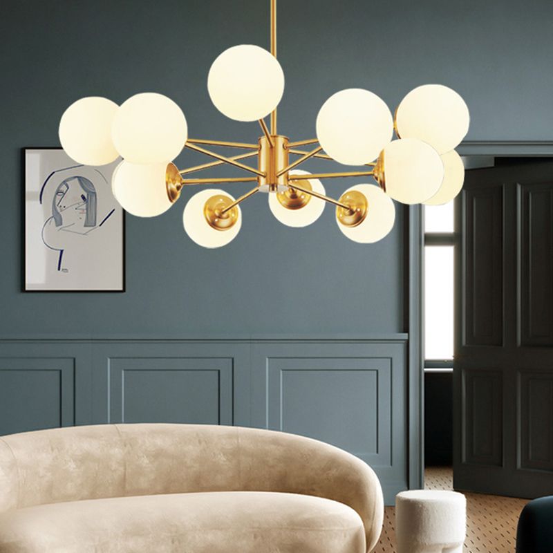 Post-Modern Metal Hanging Chandelier Light Opal Glass Shade Ceiling Chandelier in Gold for Bedroom