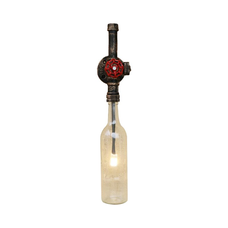 Glass Wine Bottle Wall Lighting Rustic Industrial 1 Light Restaurant Blue/Clear Wall Sconce Light with Red Valve