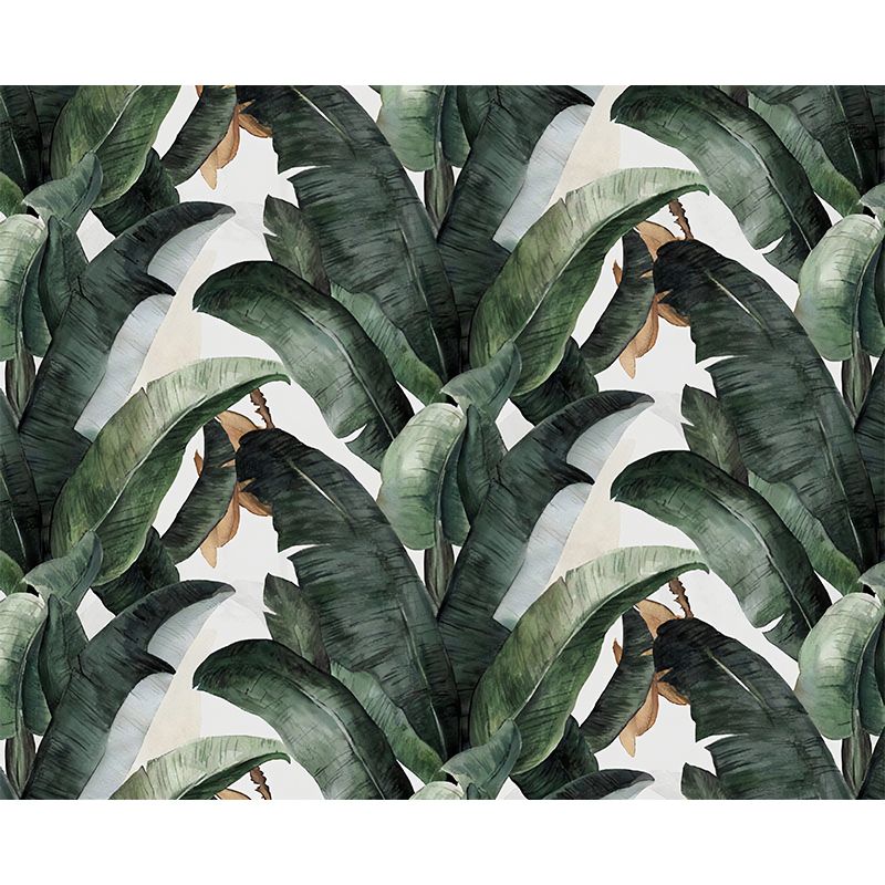Tropical Banana Leaves Mural Wallpaper for Living Room Decoration, Green and White, Custom-Printed