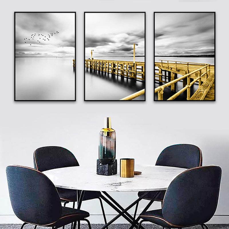 Photography Sea Bridge Wall Art Grey and Gold Modernism Canvas Print for Dining Room