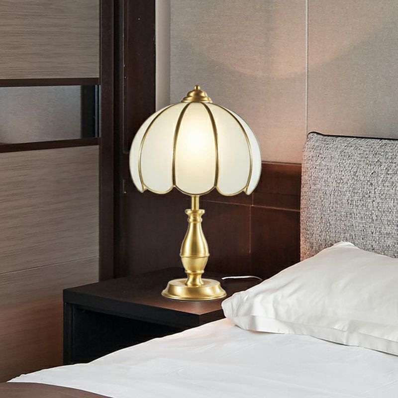 Single Nightstand Light Traditional Bedroom Table Lamp with Dome White Glass Shade in Brass