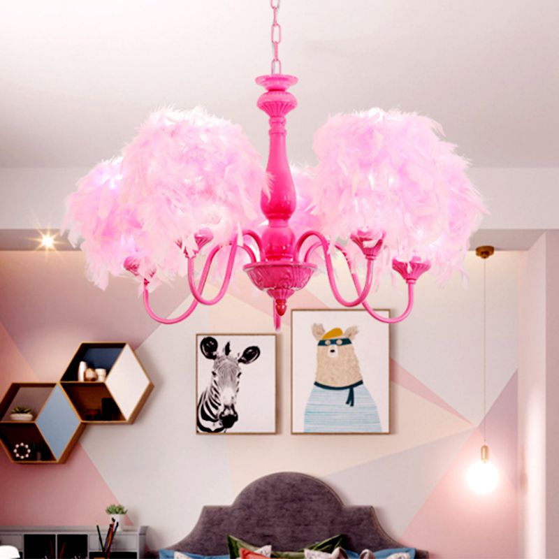 5 Lights Pink Curvy Arm Chandelier Lamp Kids Metal Suspension Lighting with Feather Shade