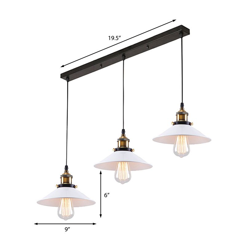 White Conic Ceiling Pendant Industrial Style Metallic 3 Heads Indoor Hanging Light with Linear/Round Canopy