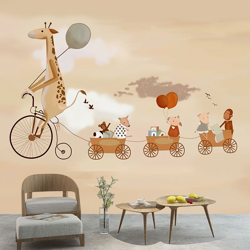 Illustration Animals with Bike Murals Wallpaper for Accent Wall, Brown, Personalised Size
