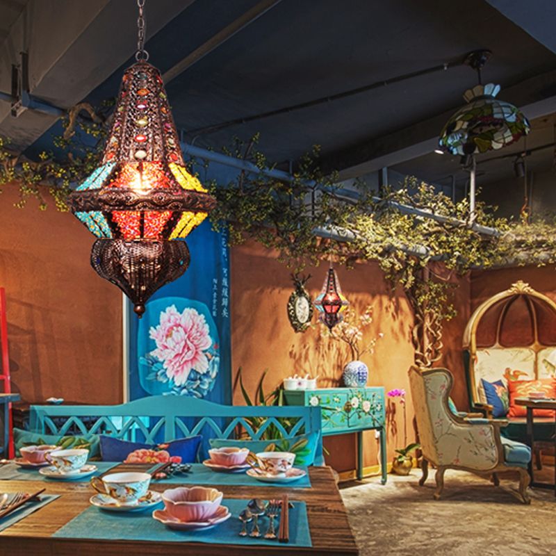 Red/Bronze 1 Light Pendant Lighting Traditional Metal Lantern Hanging Light Fixture for Restaurant