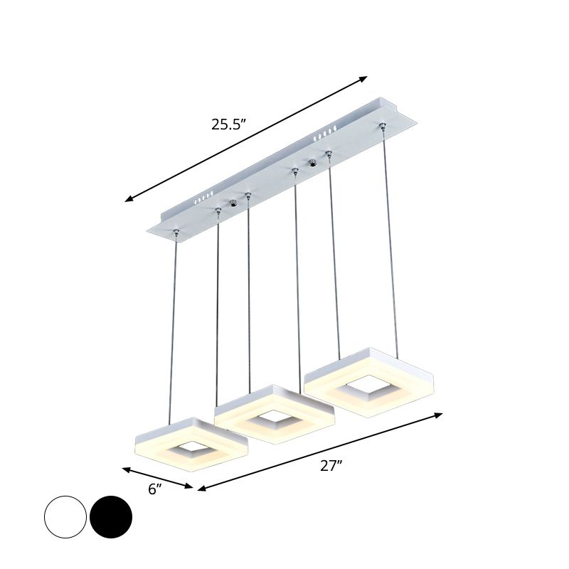 Square Multi-Light Pendant Minimalism Acrylic 3 Heads Black/White LED Hanging Light in Warm/White Light