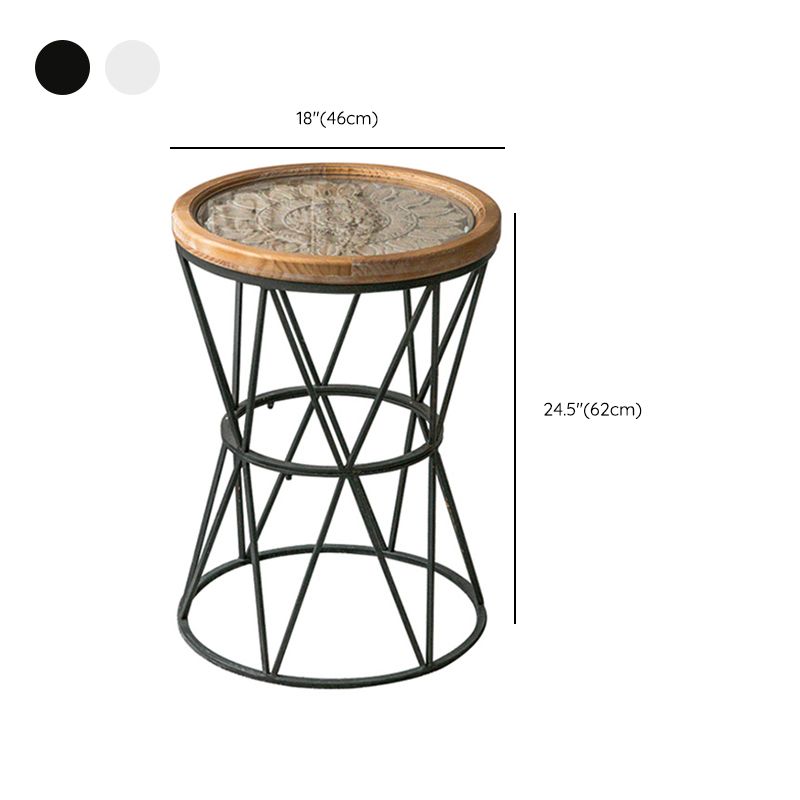 French Country Wood Round Top Side Table Distressed Iron Base End Table