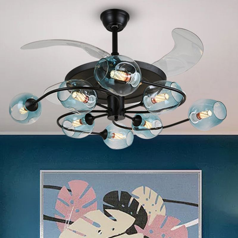 4 Blades Schlafzimmer Hanging Lüfter Lampe Postmoderne Fernbedienung Halbflush Mount Light mit Tasse Glasschatten, 42 Zoll breit