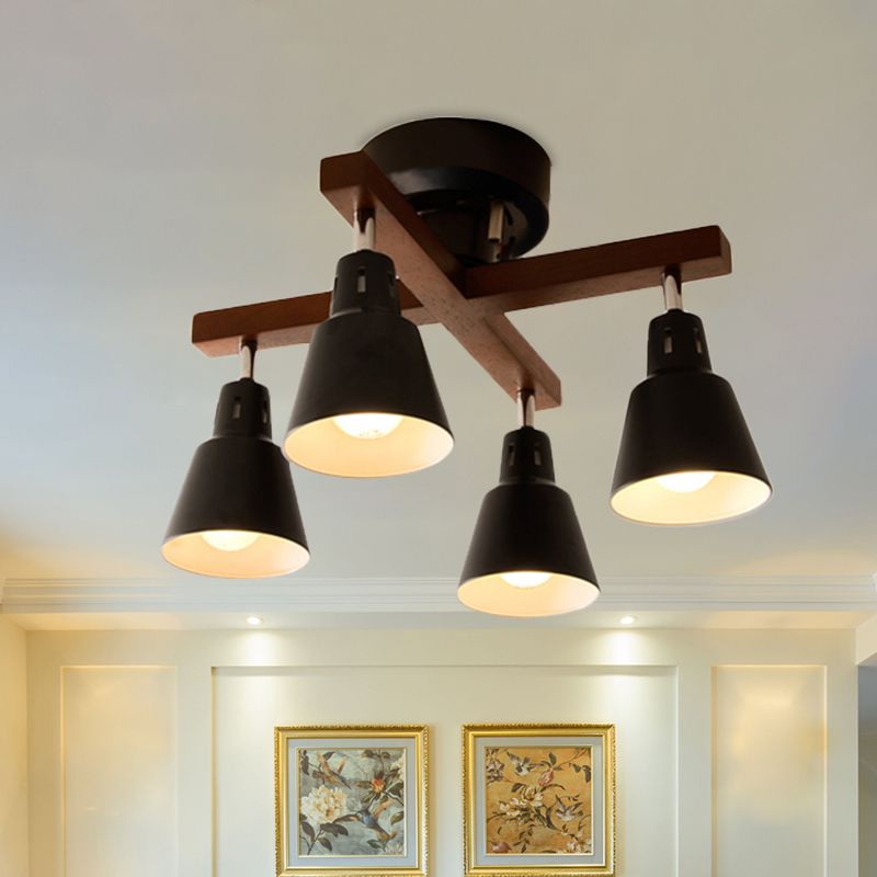 Lodge Tapered Rotatable Deckenbehandlung 4-Licht-Eisen-Halbblütenhalterung in Schwarz/Weiß mit Querholzarm