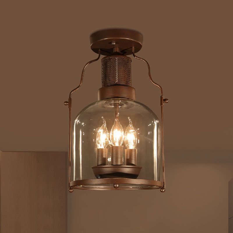 3-Light Ceiling Light Fixture with Dome Shade Clear Glass Rustic Living Room Semi Flush in Rust