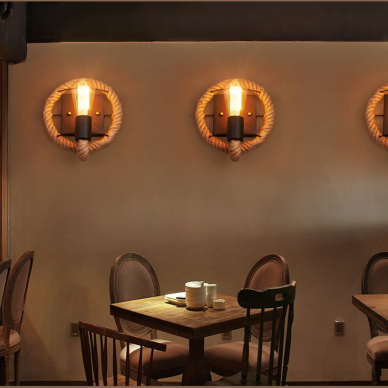 Loop Shaped Rope Wall Sconce Rustic 1-Head Corridor Wall Light with Bare Bulb Design in Wood