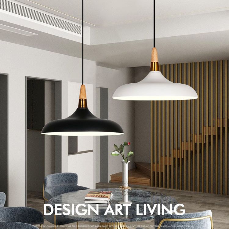 Macarons Industrial Barn Shade Pendant Light Metal 1-Light Restaurant Pendant Lighting with Wooden Top