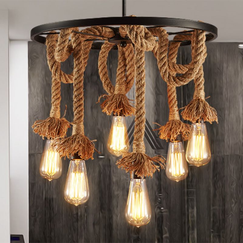 Rustic Bare Bulb Hanging Lamp Hand-Wrapped Rope Chandelier in Brown with Decorative Wheel