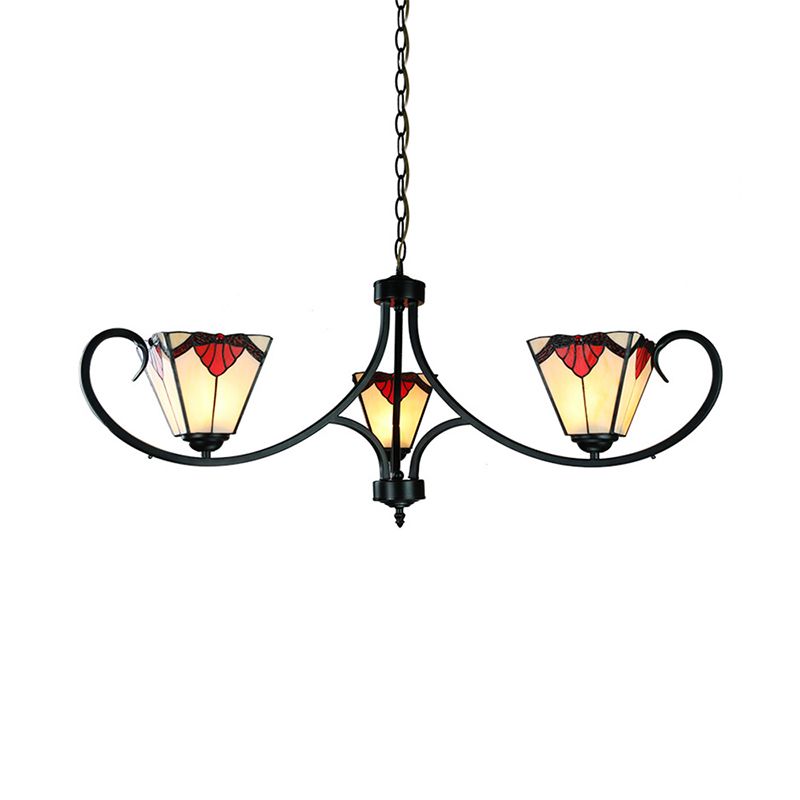 Pyramid -Kronleuchter mit Buntglas Schatten 3 Lichter Mission Anhänger Licht in Rot für das Restaurant