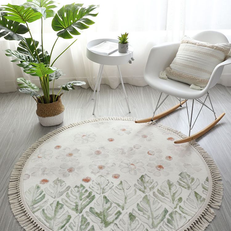 Round White Tone Modern Indoor Rug Polyester Floral Print Rug Non-Slip Backing Indoor Rug for Living Room