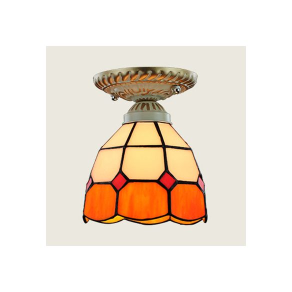Dome Shape Ceiling Light Fixture Vintage Stained Glass 1 Light Ceiling Fixture in Orange/Blue for Hallway
