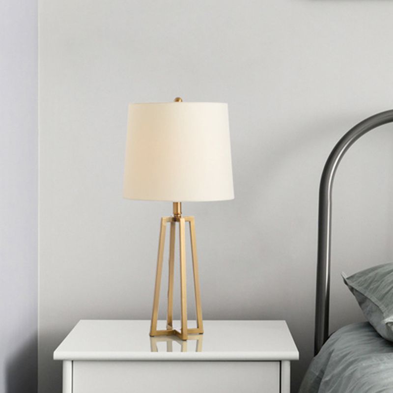 Drum Fabric Table Light Modern 1 Head White Desk Lamp with Trapezoid Gold Metal Base