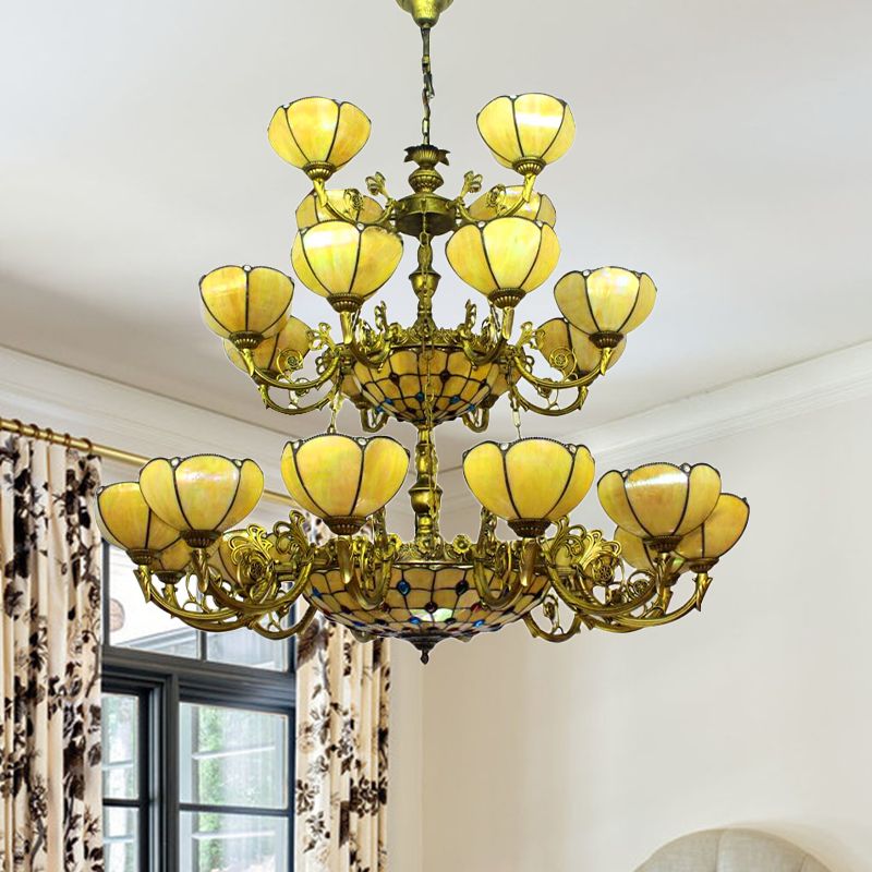 Glass Dome Shade Chandelier Villa Hotel 3-Tier Tiffany Antique Hanging Light in Yellow