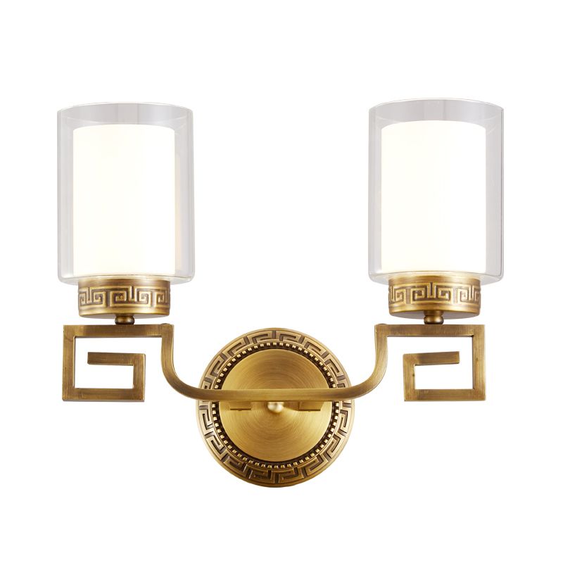 2 Lights Cylinder Sconce Lamp Colonialist Gold Clear and Opal Glass Wall Mounted Light Fixture