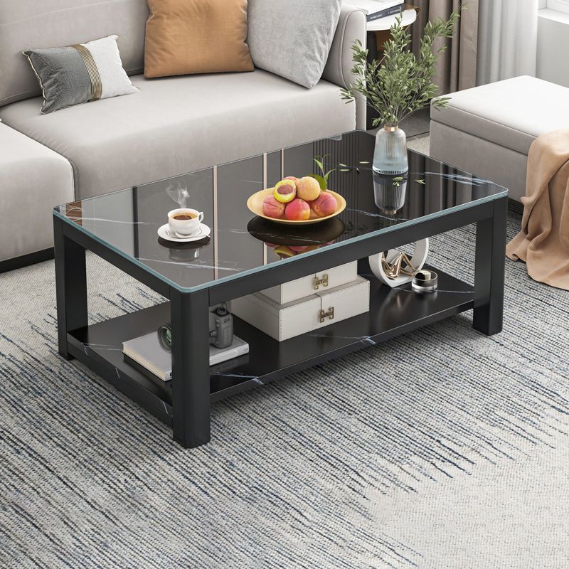 Rectangular Black Metal 4 Legs Base Design with Storage Shelf Coffee Table
