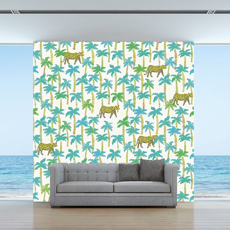 Yellow-Blue Tropical Mural Wallpaper Large Jungle Leopard Printed Wall Decor for Home