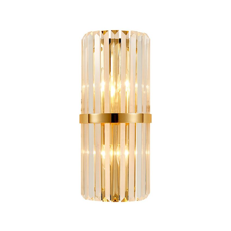 Clear Faceted Crystal Wall Lamp Vintage Stylish 2 Lights Brass/Gold Sconce Lighting with Cylinder Shape for Living Room