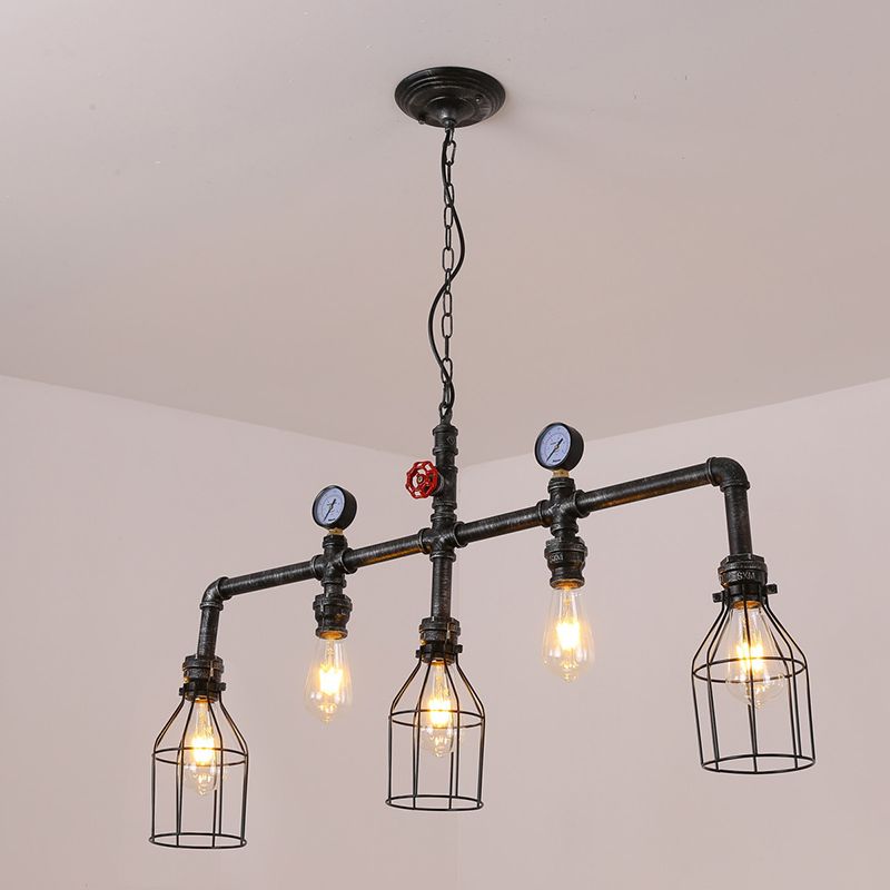 Pipe and Gauge Metal Island Lighting Industrial 5 Lights Restaurant Suspension Light with Cage in Black