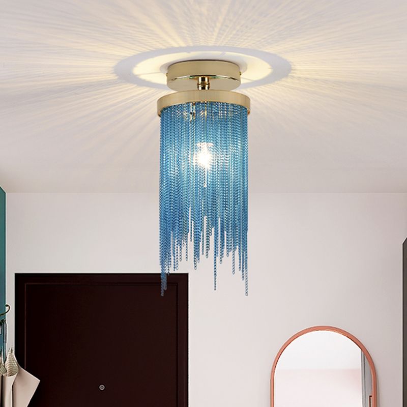 Cylinder Semi Flush Mount Light Modern Crystal Strand 1 Light Blue/Green/Chrome Ceiling Light