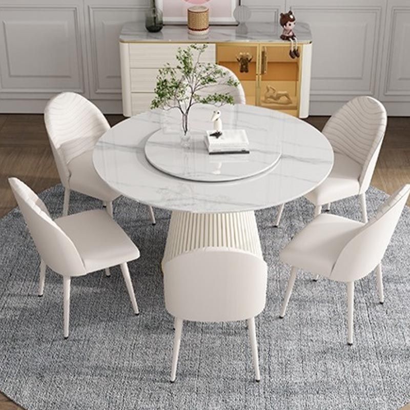 Modern Round Dinette Table Metal Base Pedestal Stone Top Dining Table in White