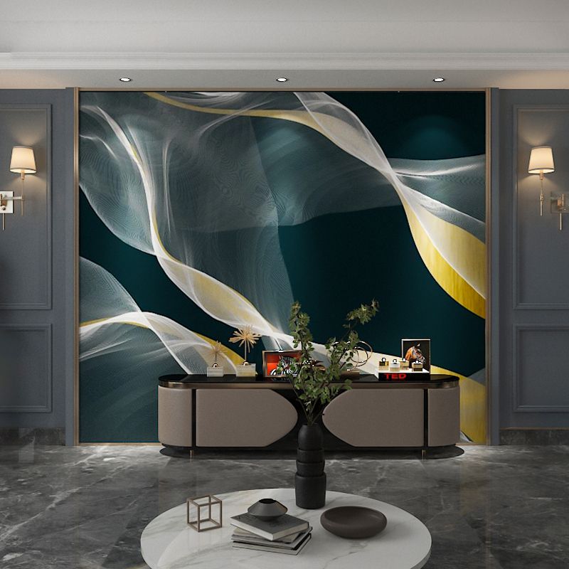 Minimalist Swirling Smoke Wall Art for Office Room, Big Wall Covering in Dark Green