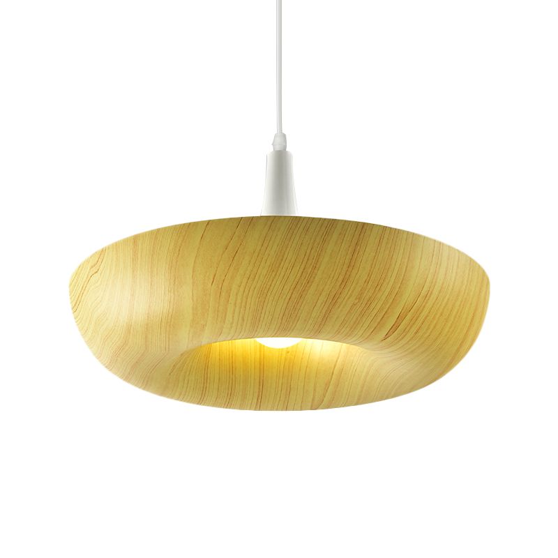 Minimalist Donut Hanging Light Aluminum Single Living Room Pendant Lamp in Beige with Wood Grain Texture Design