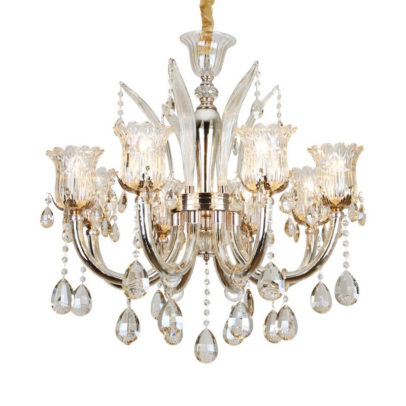 Bell Living Room Chandelier Lamp Traditional Crystal Drop 6/8 Lights Chrome Hanging Ceiling Light