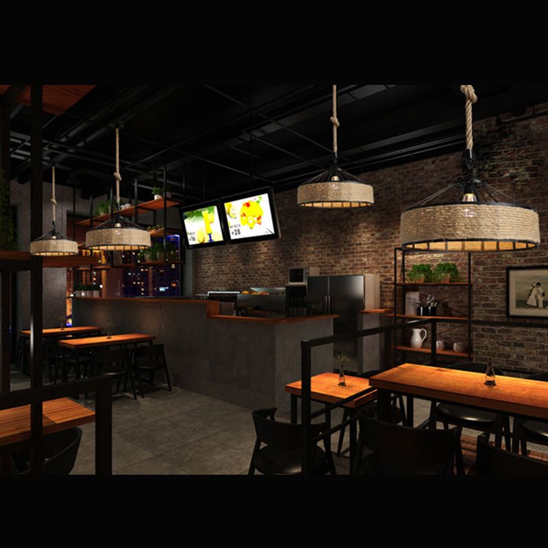 Touw beige plafond hanger lichte drum industriële stijl commerciële hangerverlichting