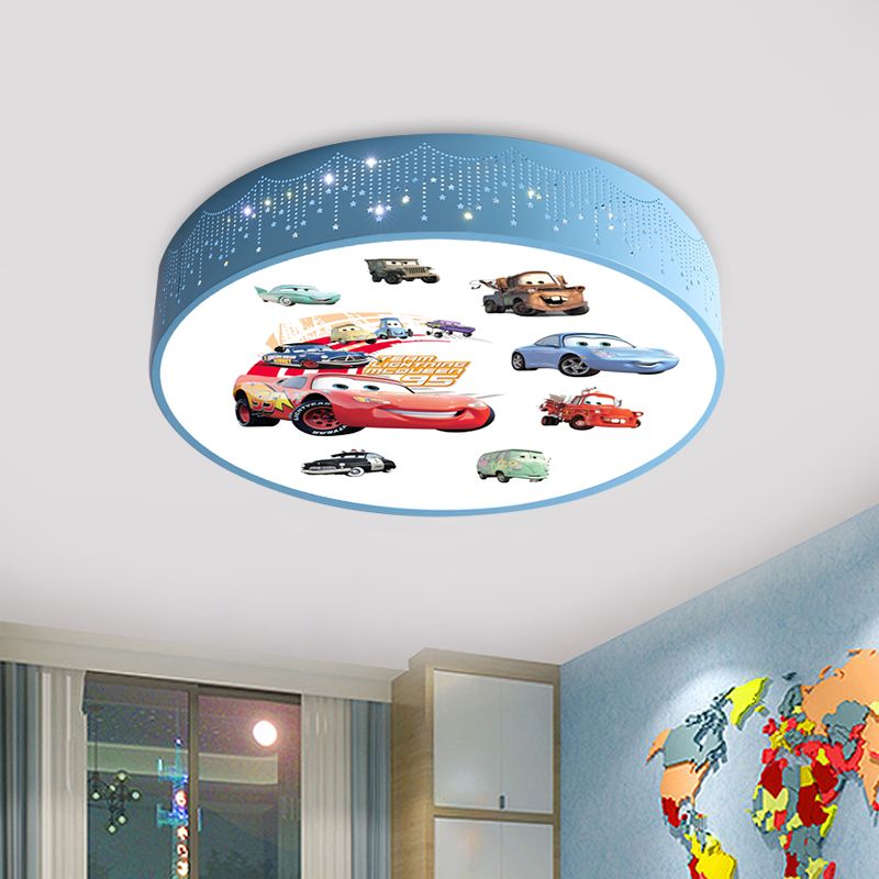 Plafonnier rond à motifs de voiture de dessin animé, éclairage encastré LED en fer pour chambre de garçon en bleu