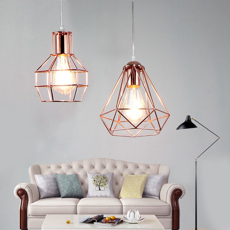 Electroplated Rose Gold Hanging Light Iron Cage Shade Industrial Style Single Bulb Lighting Fixture for Bedroom
