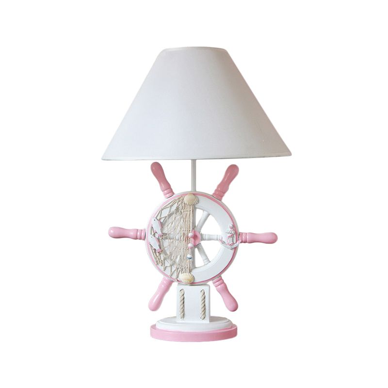 Lampada da tavolo per bambini in resina timone Lampada da scrivania a testa singola rosa/verde con paralume in tessuto bianco a botte