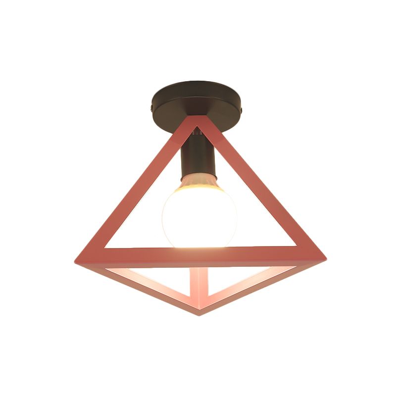 Loft Style Triangle Ceiling Fixture with Cage Shade 1 Bulb Metallic Semi Flush Mount Light in Black/Red