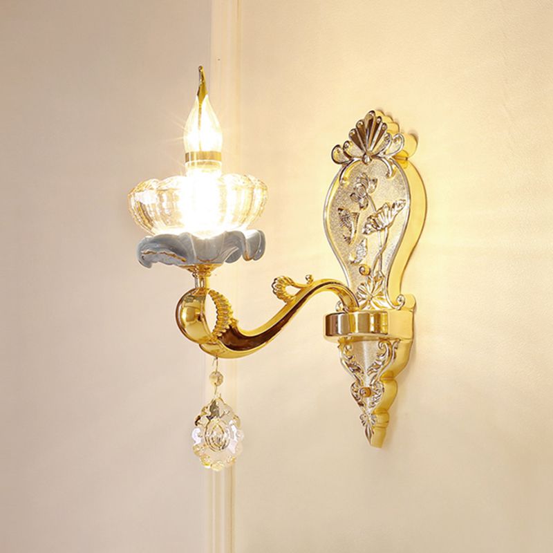 Weathered Zinc Shaded Wall Light Vintage Imitation Jade Corridor Wall Mounted Lamp with Crystal Accent