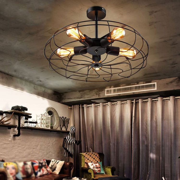 Montaje semi descarga negro de 5 luces en estilo industrial Luz de techo de hierro forjado para lugar comercial