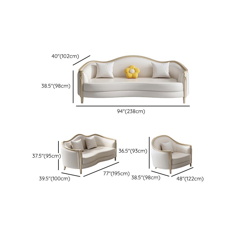Glam Solid Wood White Genuine Leather Sofa with Pillows for Living Room