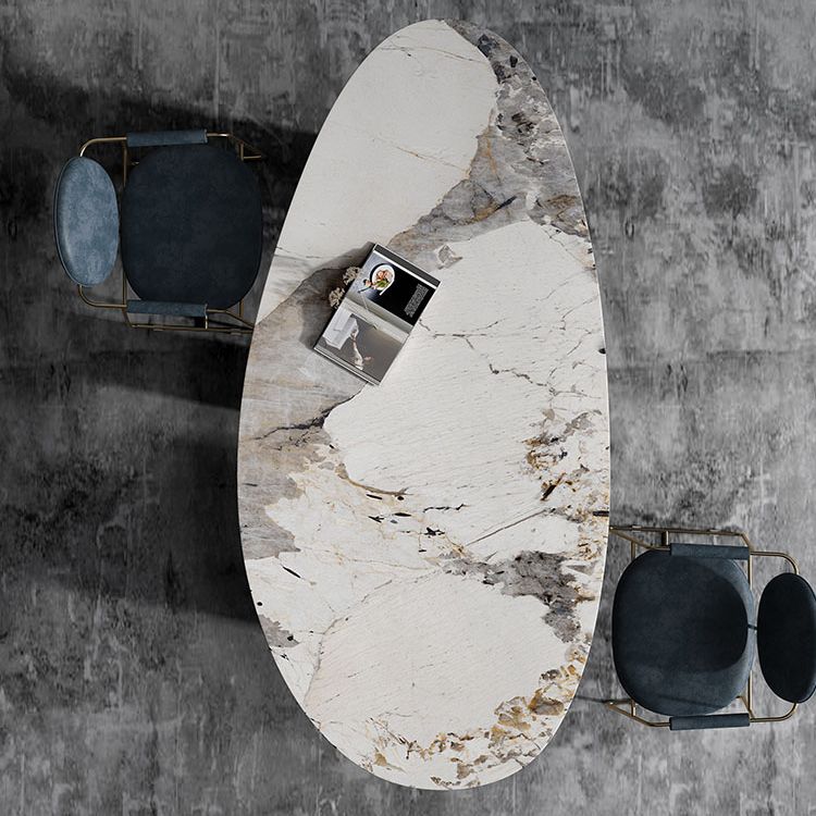 Oval Traditional Luxury Dining Table Sintered Stone Table with 3 Gold Legs