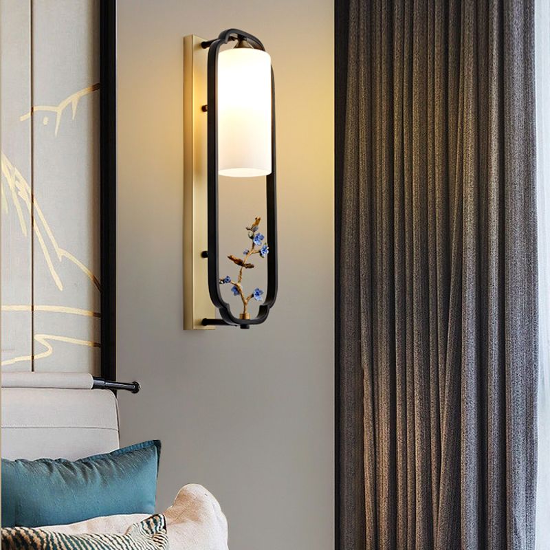 Metal Modern Wall Sconce Cylinder Shape Wall Light with Glass Shade for Bedroom