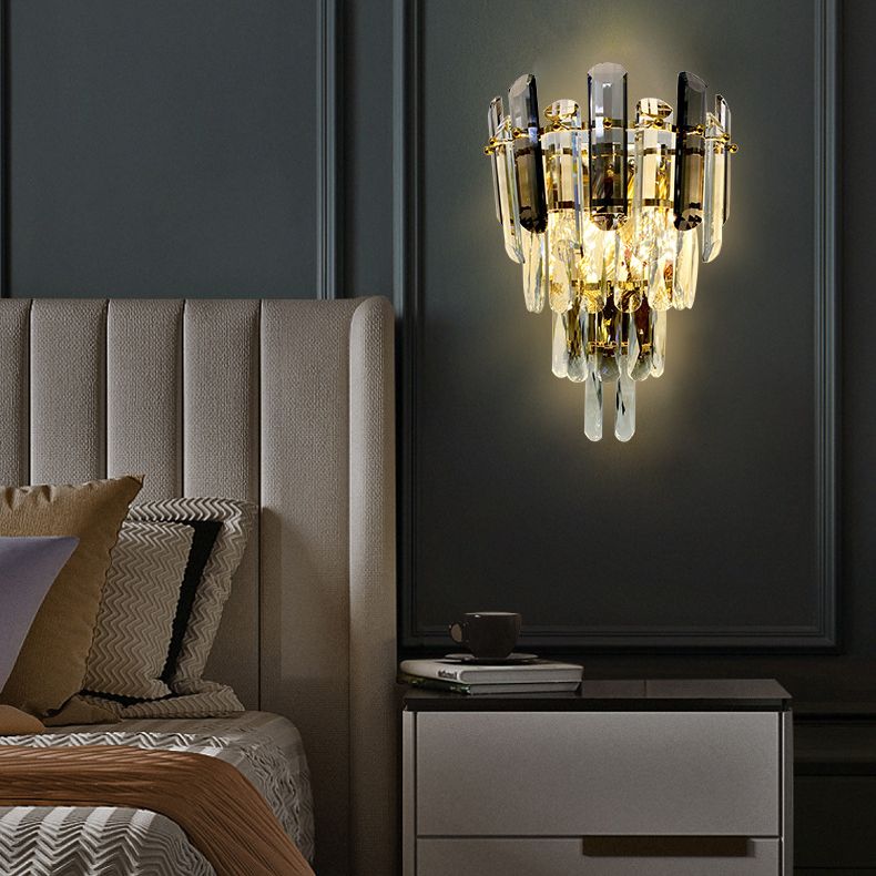 Gray Crystal Wall Sconce in Modern Luxury Style Electroplate Iron Stagger Wall Lamp for Bedroom