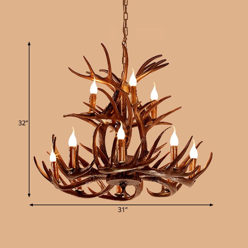 Faux Antler Resin Chandelier Lighting Cottage 9/12 Heads Restaurant Hanging Pendant Light in Brown