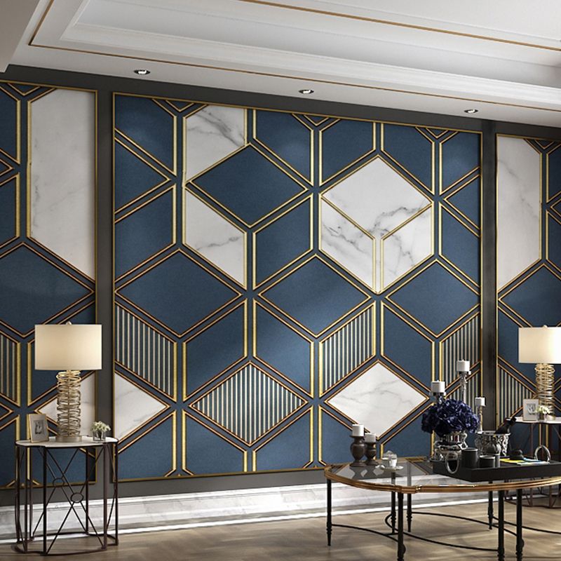 Whole Illustration Modern Mural Wallpaper for Coffee Shop with Quatrefoil Design in Dark Blue