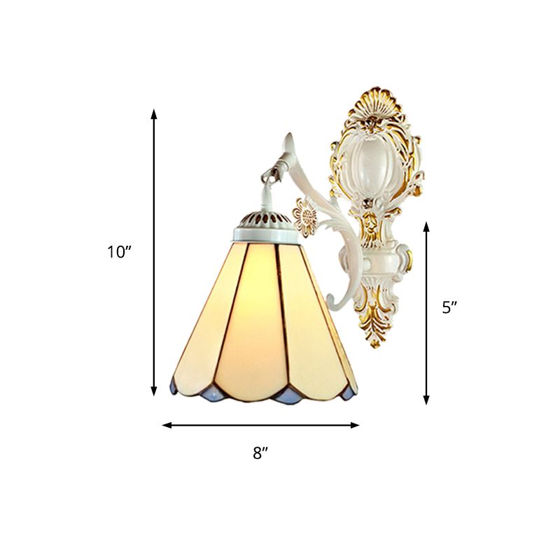 Conical Wall Sconce Light Traditional Beige Glass 1 Light Wall Lighting in White Finish for Bedroom