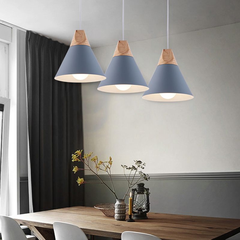 Metal Tapered Hanging Light Nordic Style 1 Light Wooden Top Ceiling Pendant Lamp for Living Room