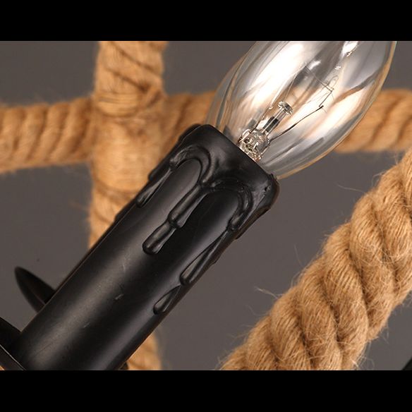 Black Rope Wrapped Hoops Chandelier Pendant Light Coastal Rope Restaurant Pendant Light Fixture